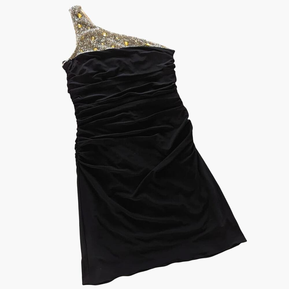 JS Boutique One Shoulder Beaded Ruched Black Mini Dress size 12